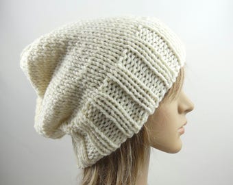 Hand knit slouchy oversized hat cream white beanie luxury chunky bulky thick winter warm knitted pure wool women teen men unisex baggy