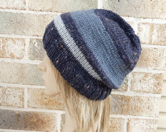 Hand knit slouchy hat in charcoal grey dark medium light stripes australian wool women beanie men unisex toque warm winter slouch READY MADE