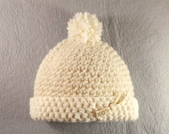 Baby pom pom hat XO golden print ribbon bow crochet newborn beanie girl boy gender neutral cream white natural wool baby shower gift