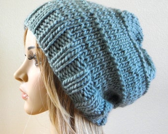 Hand knit slouchy oversized hat light muted blue grey beanie green seafoam robin egg luxury chunky wool women teen men unisex baggy slouch