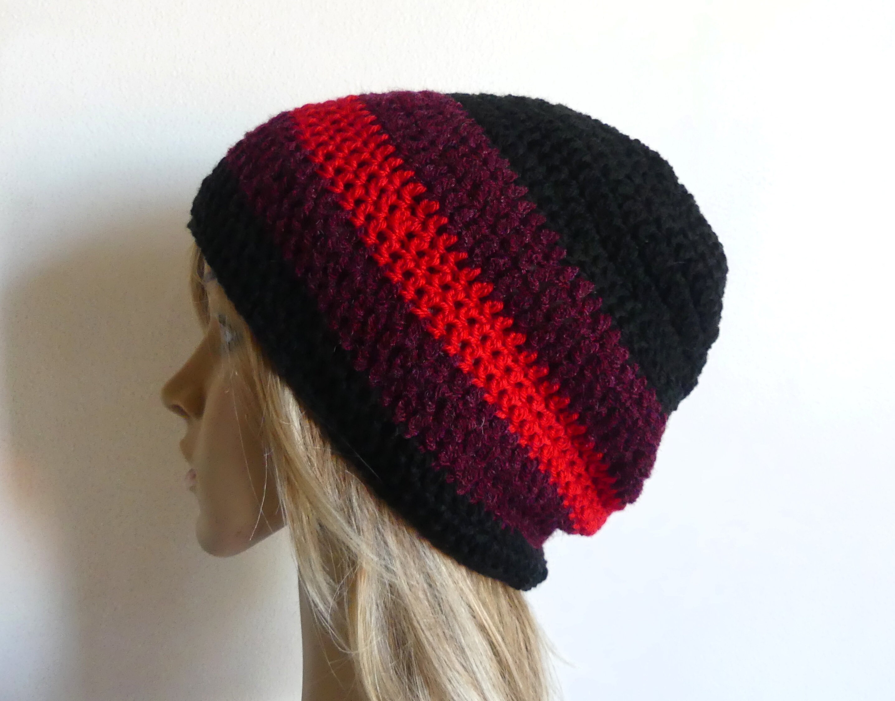 Crochet Beanie Black Dark Red Oxblood Ruby Maroon Stripes  display picture 1