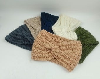 Twist headband CHOOSE COLOUR green navy grey cream white beige oatmeal turban ear warmer women's messy bun hat soft chunky crocheted