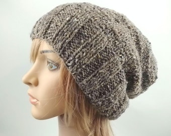 Slouchy hat in taupe grey brown hand knitted, mens hat, women beanie
