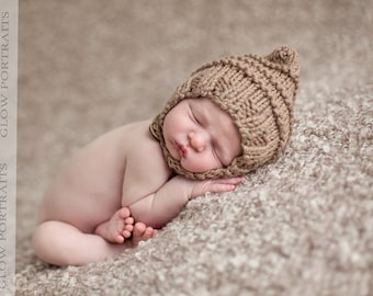 Pixie bonnet baby hat chin strap button hand knit beige neutral caramel light brown tan newborn boy girl gender neutral baby shower gift