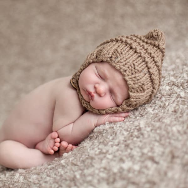 Pixie bonnet baby hat chin strap button hand knit beige neutral caramel light brown tan newborn boy girl gender neutral baby shower gift