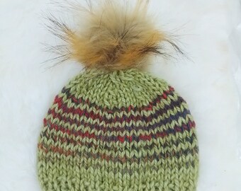 CLEARANCE HALF PRICE Baby knit hat newborn 0-3 months infant boy girl warm alpaca wool beanie with fur pom sage green stripes baby shower