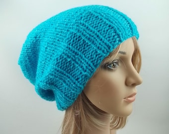 Hand knit slouchy hat sky blue beanie chunky bulky warm knitted thick soft women teen men unisex baggy slouch