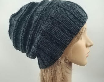 Hand knit slouchy hat wide ribbing in charcoal grey dark gray australian wool women beanie men unisex touque warm winter slouch