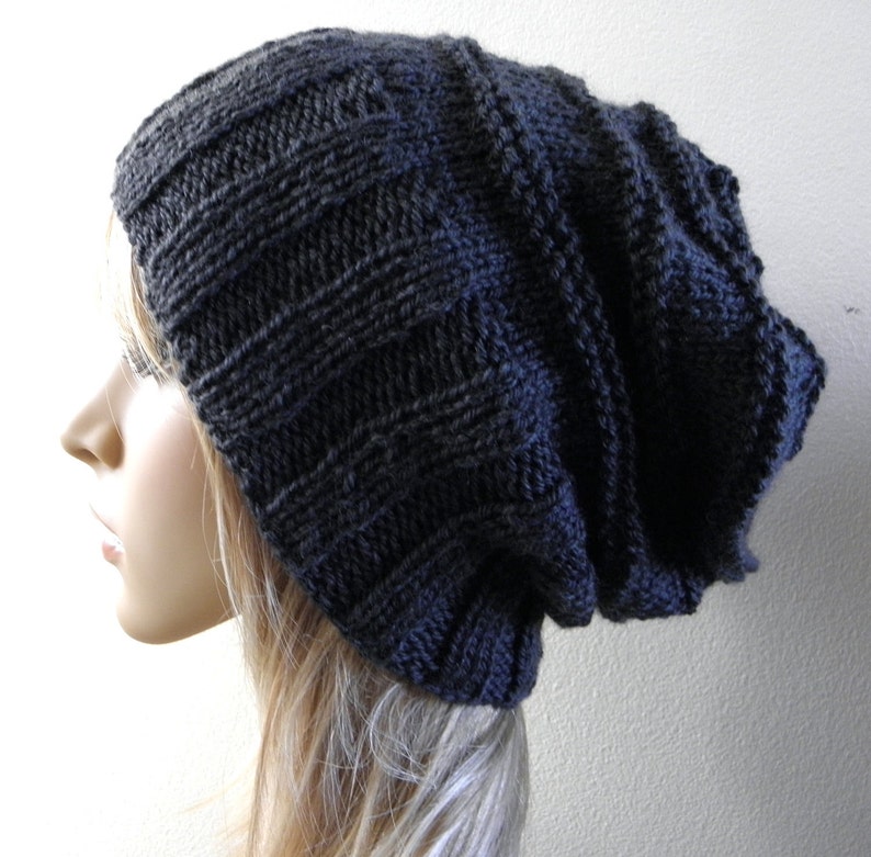 Hand knit slouchy hat wide band in charcoal grey dark gray australian wool alpaca women beanie men unisex touque warm winter slouch image 3