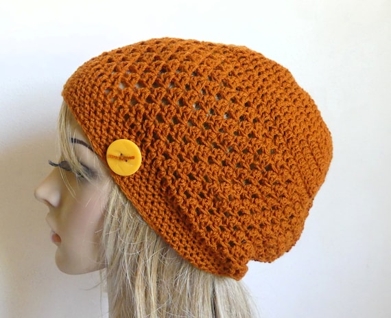Crochet Slouchy Hat With Button Beret Rust Burnt Orange Ochre Nut