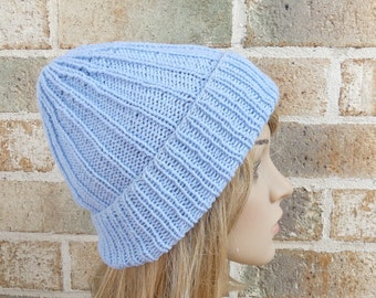 Knit hat Ribbed fold over beanie with folded double brim ribbing in light blue fine pure wool men women unisex teen warm winter slouch