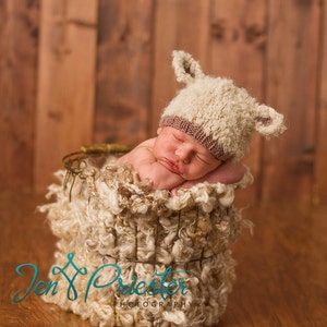 Lamb baby hat hand knit curly hat newborn cream ecru brown taupe boy girl animal beanie with ears gender neutral natural baby shower gift image 2