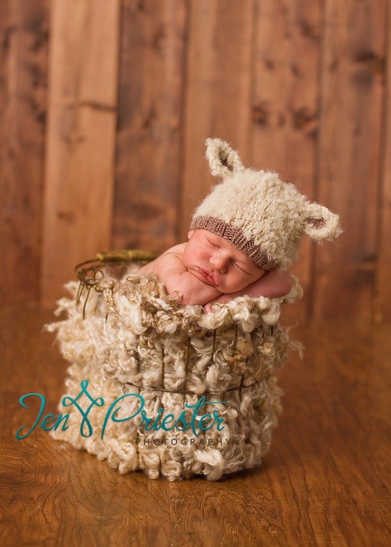 Lamb baby hat hand knit curly hat newborn cream ecru brown taupe boy girl animal beanie with ears gender neutral natural baby shower gift image 2