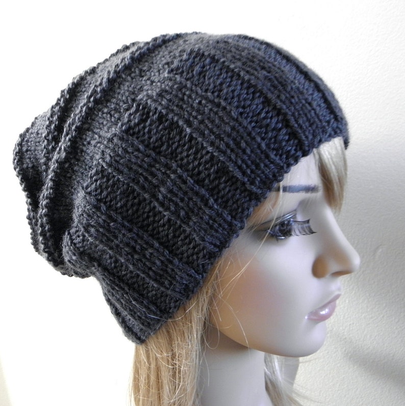 Hand knit slouchy hat wide band in charcoal grey dark gray australian wool alpaca women beanie men unisex touque warm winter slouch image 2