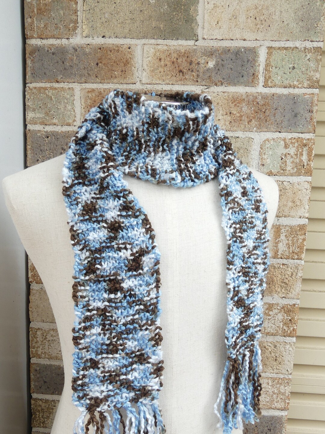 Long Knit Scarf With Fringe in Brown Blue Textured Vegan Friendly Soft