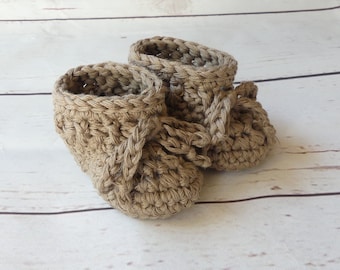 Baby booties crochet taupe brown cotton with ties newborn 0-3 months baby shower pregnancy announcement gender neutral