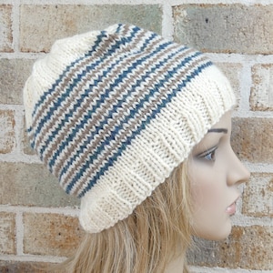 Knit hat cream white taupe brown teal blue stripes beanie women slouch men slouchy teen touque unisex warm winter READY MADE OOAK
