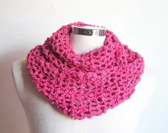 Hot pink crochet infinity scarf chunky summer cowl bright fuchsia magenta scarf pure pima cotton super soft mesh women teen READY MADE