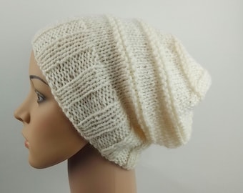 Hand knit slouchy hat Preteen Teen Child boy girl wide band cream white ivory luxury soft merino wool warm winter beanie handknitted slouch