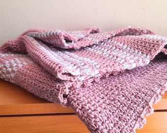 Crochet baby blanket nursery decor toddler girl pram cot throw muted old rose pink mauve stripes super soft baby shower gift READY MADE