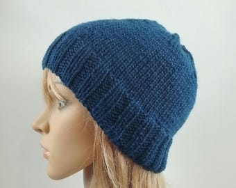 Gorro tejido a mano, básico, ajustado, sencillo, con estampado de tinta azul marino oscuro, de lujo, suave, de lana merino, cálido, para invierno, tejido a mano, para mujer y hombre, unisex.