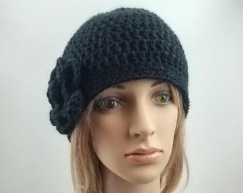 Black Crocheted Beanie With Flower on Side for Women - Etsy