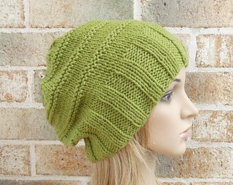 Knit hat in lemongrass olive green slouchy beanie pure australian wool warm men women teen knitted winter wide ribbing band hat READY MADE