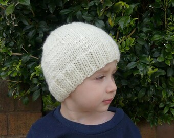 Hat knitted choose size cream white pure merino wool basic beanie toddler baby boy girl teen adult gender neutral unisex hand knit scullcap