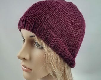 Hand knit hat fitted basic simple cap oxblood deep dark burgundy red luxury soft merino wool warm winter beanie handknitted women men unisex
