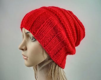 Red slouchy hat hand knit warm winter beanie men women unisex wide ribbing pure wool
