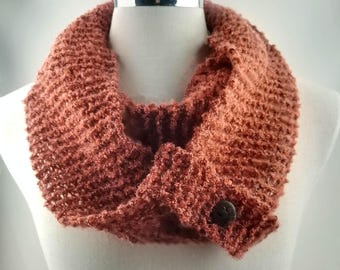 Button Tab Cowl Scarf Infinity Loop long double wrap hand knitted autumn fall burnt orange boucle textured