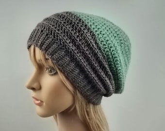 Slouchy hat colour block beanie seafoam green and mushroom brown grey warm winter hat crocheted wool unisex men women
