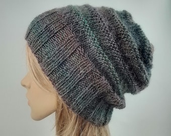 Hand knit slouchy hat wide ribbing  jewel muted green purple blue maroon variegated ombre wool mohair blend women men beanie warm knitted