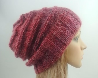 Hand knit slouchy hat wide ribbing maroon dark red grey ombre gradient wool mohair blend women woman adult teen beanie warm knitted slouch