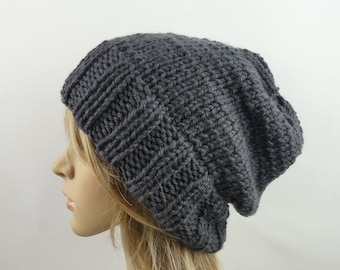 Hand knit slouchy oversized hat dark grey beanie luxury chunky bulky thick winter warm knitted pure wool women teen men unisex baggy slouch