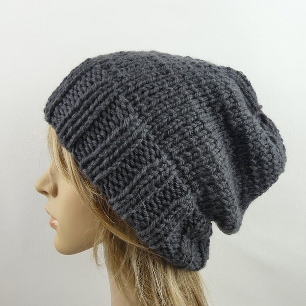 Hand knit slouchy oversized hat dark grey beanie luxury chunky bulky thick winter warm knitted pure wool women teen men unisex baggy slouch