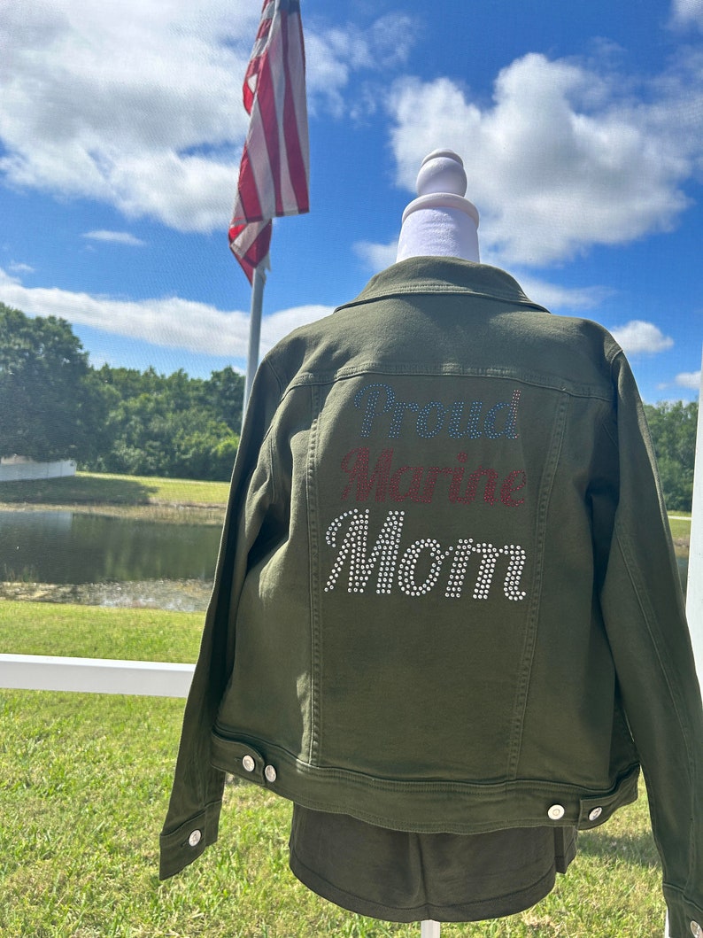 Custom Cropped Military Mom Denim Jacket, Glittering Rhinestones, Red ...