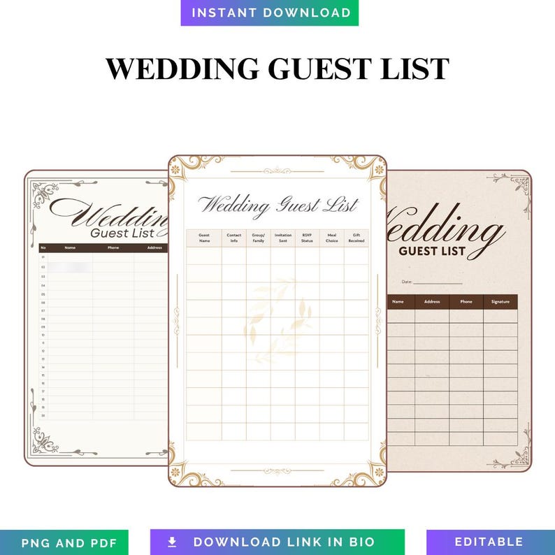 Professional Wedding Guest List PDF PNG Invite Tracker Bridal Shower ...