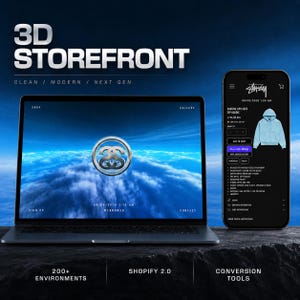 May include: A laptop and a smartphone displaying a 3D storefront interface. The laptop screen shows a blue sky with clouds and a metallic logo. The smartphone screen displays a product page for a light blue zip hoodie with text and buttons.