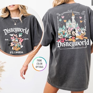 Puede incluir: Camiseta gris oscuro con un gr&aacute;fico de Disneyworld. La parte delantera presenta el texto "Disneyworld" sobre un gr&aacute;fico de personajes de Disney. La parte posterior de la camiseta tiene un gr&aacute;fico m&aacute;s grande del castillo y los personajes de Disney.
