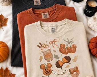 Comfort Colors® Disney Coquette Bow Halloween Shirt, Fall Pumpkin Spice Latte Minnie Shirt, Pumpkin Season Disney Snacks Shirt For Girls