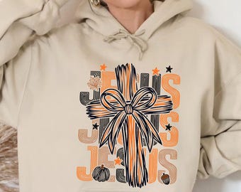Coquette Cross Jesus Hoodie, Fall Women Jesus Sweatshirt, Christian Jesus Hoodie, Jesus Pumpkin Cross Sweater, Christian Pumpkin Hoodie
