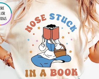Camiseta Comfort Colors® "Nariz atrapada en un libro", Cafetería de libros de Bella, Camiseta de la princesa Bella de Disney, Regalo para amantes de los libros, La Bella y la Bestia, Camiseta de lectura