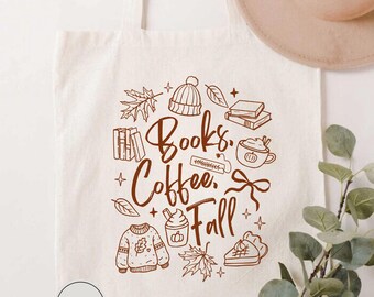 Books Coffee Fall Tote Bag, Fall Season Bookish Tote Bag, Fall Book Lover Gift, Cozy Season Reading Tote Bag, Cozy Season Reading Tote Bag