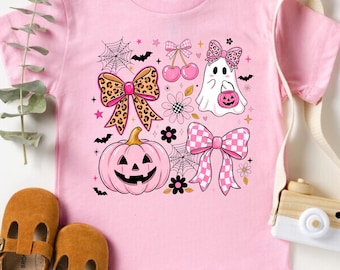 Coquette Leopard Ghost Halloween Kids Shirt, Girls Halloween Shirt, Trick or Treat Kids Gift, Cute Spooky Girls Shirt, Pink Halloween Shirt