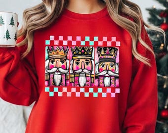 Nutcracker Sweatshirt, Checkered Nutcracker Hoodie, Women Holiday Sweater, Christmas Party Hoodie, Nutcracker Lover Gift, Festive Sweatshirt