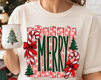 Comfort Colors® Merry Christmas Shirt, Festive Candy Cane Shirt, Striped Polka Dot Christmas Tee, Merry Xmas Tree Shirt, Christmas Party Tee