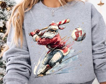 Funny Baseball Santa 67 Sweatshirt, Holiday Baseball Player Gift, 6 7 Sports Christmas Hoodie,  6 7 Trend Sweater, Baseball Xmas Sweatshirt