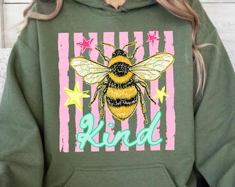 Bee Kind Hoodie, Striped Bee Sweatshirt, Mental Health Hoodie, Preppy Girl Animal Sweater, Women Kindness Hoodie, Summer Vibes Sweatshirt