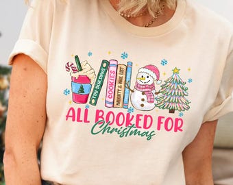 All Booked for Christmas T-Shirt, Holiday Reading Doodle Shirt, Christmas Book Tree Shirt, Gift For Librarian Shirt, Christmas Bookish Shirt
